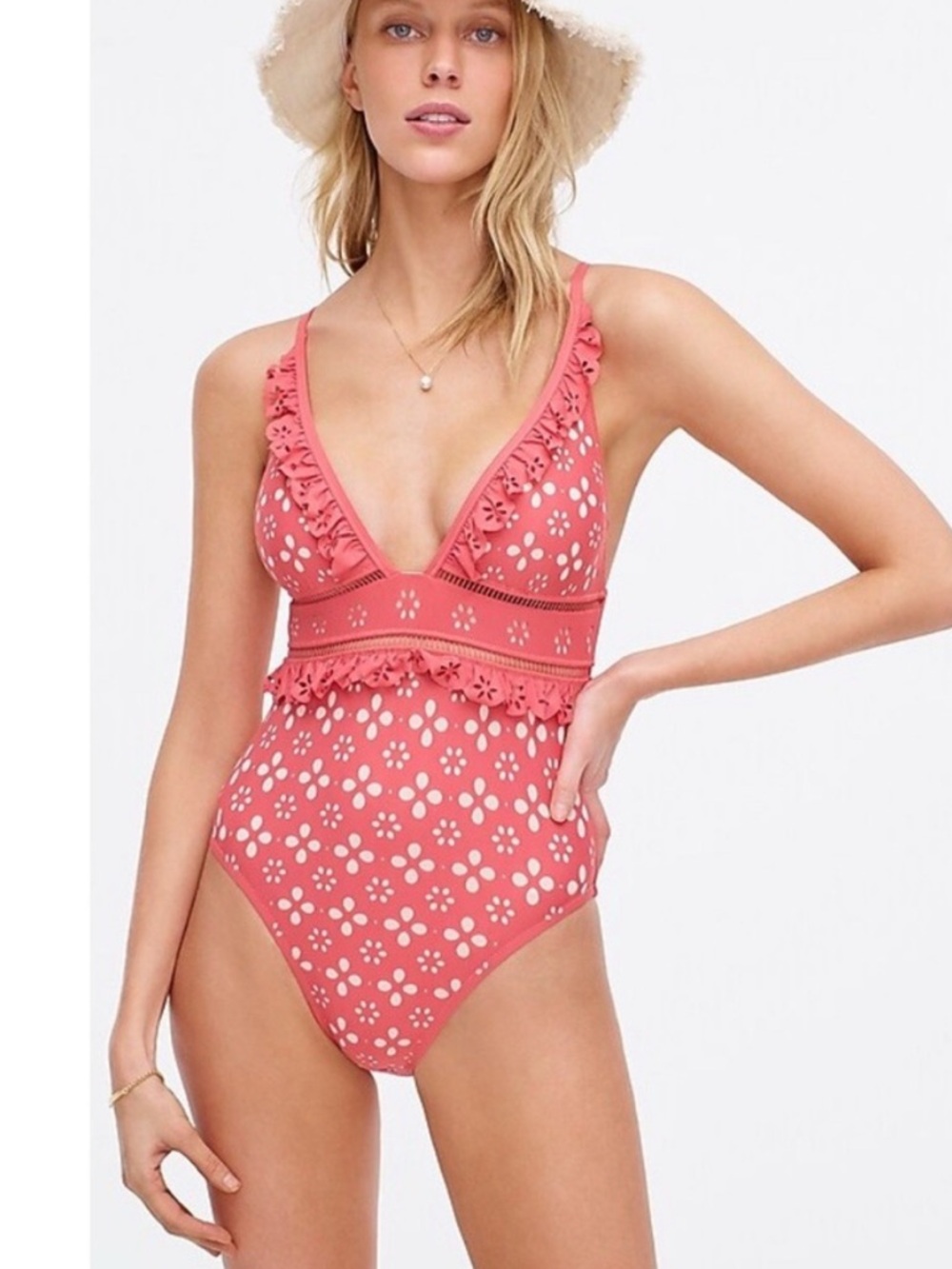 J. Crew Coral Eyelet One-Piece Bralette Swim